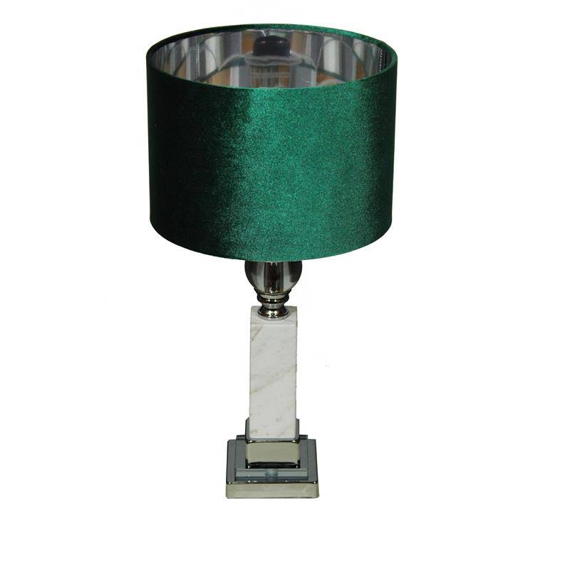 LAMPA STOŁOWA Z BIAŁEGO MARMURU, KRYSZTAŁU I CHROMOWANEGO METALU Z WELUROWYM CIEMNO ZIELONYM O SREBRNYM ŚRODKU ABAŻUREM W KSZTAŁCIE WALCA