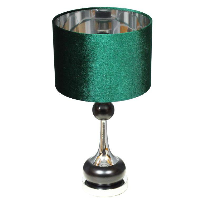 LAMPA SREBRNA Z DWOMA OZDOBNYMI CZARNYMI KULAMI I WELUROWYM ABAŻUREM W KOLORZE CIEMNO ZIELONYM O SREBRZYSTYM ŚRODKU I W KSZTAŁCIE WALCA
