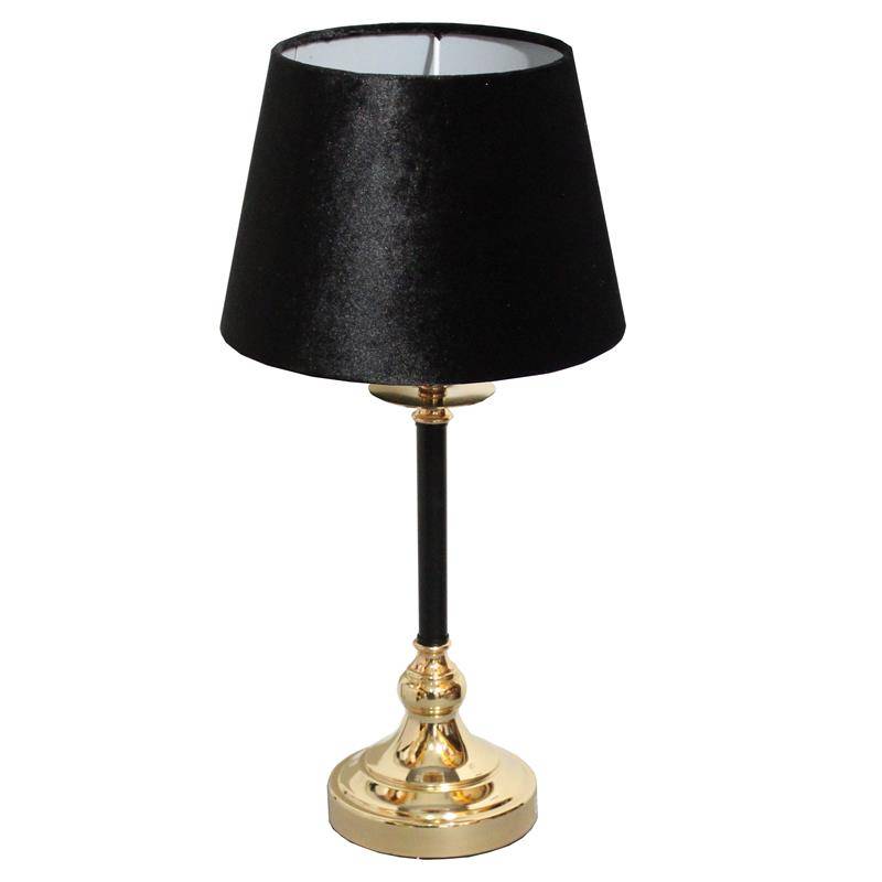 LAMPA STOŁOWA O PODSTAWIE ZŁOTO CZARNEJ Z ABAŻUREM WELUROWYM W KSZTAŁCIE STOŻKA I W KOLORZE CZARNYM