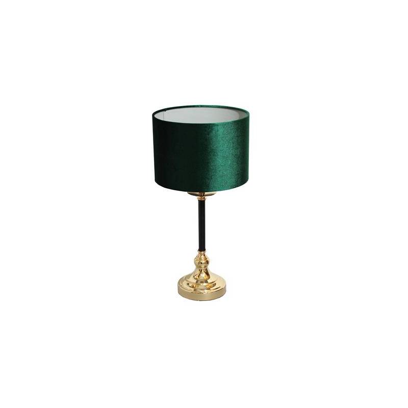 LAMPA STOŁOWA O PODSTAWIE ZŁOTO CZARNEJ Z ABAŻUREM WELUROWYM W KSZTAŁCIE WALCA, W KOLORZE CIEMNO ZIELONYM