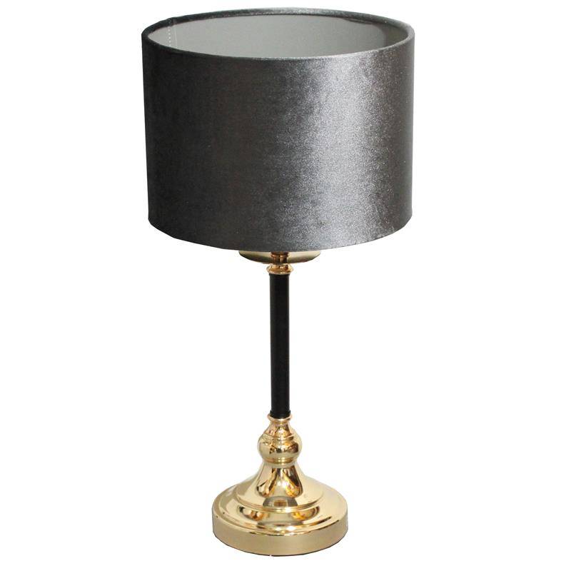 LAMPA STOŁOWA O PODSTAWIE ZŁOTO CZARNEJ Z ABAŻUREM WELUROWYM W KSZTAŁCIE WALCA, W KOLORZE SZARYM