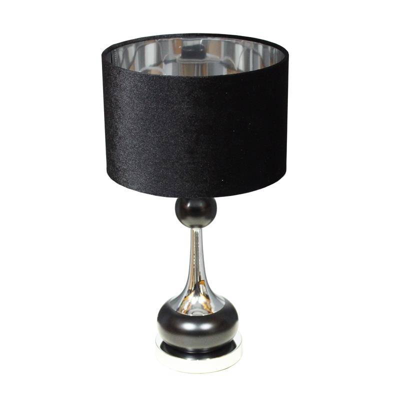 LAMPA SREBRNA Z DWOMA OZDOBNYMI CZARNYMI KULAMI I WELUROWYM ABAŻUREM W KOLORZE CZARNYM O SREBRZYSTYM ŚRODKU I W KSZTAŁCIE WALCA