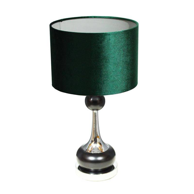 LAMPA SREBRNA Z DWOMA OZDOBNYMI CZARNYMI KULAMI I WELUROWYM ABAŻUREM W KOLORZE CIEMNO ZIELONYM O KSZTAŁCIE WALCA