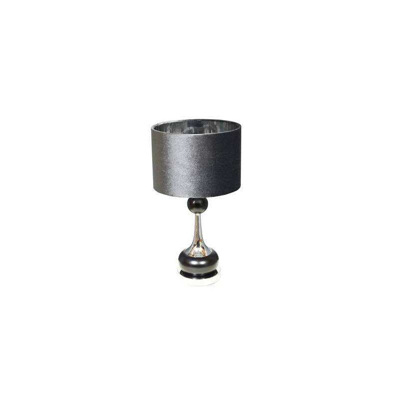 LAMPA SREBRNA Z DWOMA OZDOBNYMI CZARNYMI KULAMI I WELUROWYM ABAŻUREM W KOLORZE SZARYM O SREBRZYSTYM ŚRODKU I W KSZTAŁCIE WALCA