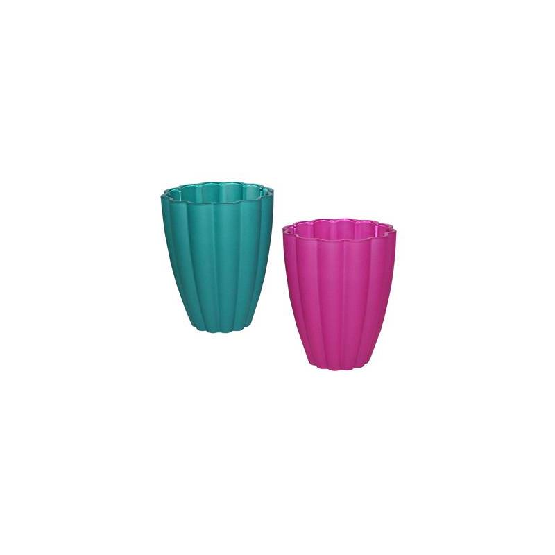 SZKLANY WAZON KWIATEK TURKUSOWY MATOWY MALOWANY OD ZEWNĄTRZ, H-17 CM, D-13 CM