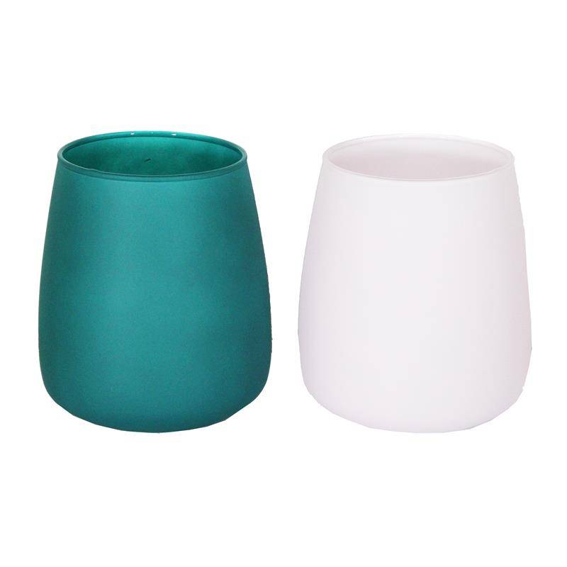 SZKLANY WAZON W KOLORZE RÓŻOWYM MATOWY MALOWANY OD ZEWNĄTRZ BECZKA  H-17 CM, D-11,9 CM