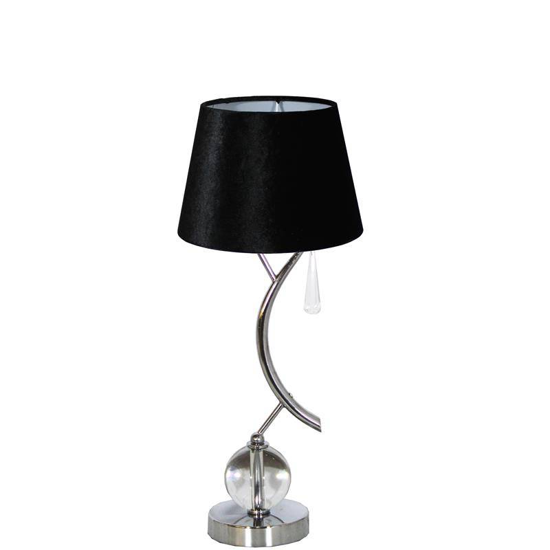 LAMPA STOŁOWA SREBRNA Z KULĄ I ZAWIESZKĄ KRYSZTAŁOWĄ ORAZ  Z ABAŻUREM WELUROWYM W KSZTAŁCIE STOŻKA I KOLORZE  CZARNYM