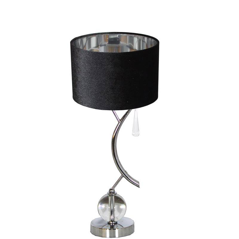 LAMPA STOŁOWA SREBRNA Z KULĄ I ZAWIESZKĄ KRYSZTAŁOWĄ ORAZ  Z ABAŻUREM WELUROWYM W KSZTAŁCIE CYLINDRA W KOLORZE CZARNYM ZE SREBRNĄ PODBITKĄ