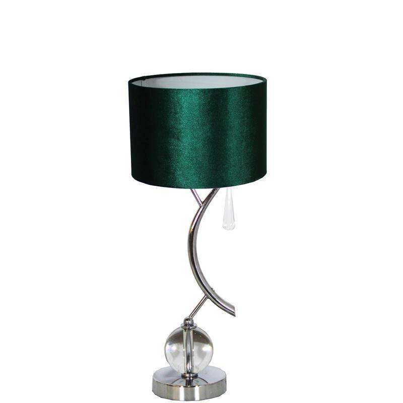 LAMPA STOŁOWA SREBRNA Z KULĄ I ZAWIESZKĄ KRYSZTAŁOWĄ ORAZ  Z ABAŻUREM WELUROWYM W KSZTAŁCIE CYLINDRA I KOLORZE CIEMNO ZIELONYM