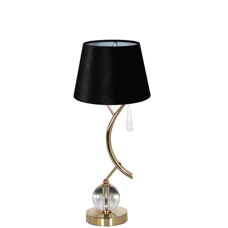 LAMPA STOŁOWA ZŁOTA Z KULĄ I ZAWIESZKĄ KRYSZTAŁOWĄ ORAZ  Z ABAŻUREM WELUROWYM W KSZTAŁCIE STOŻKA I KOLORZE CZARNYM