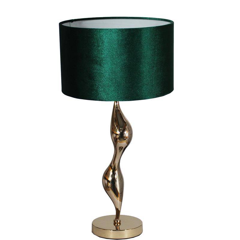ZŁOTA LAMPA STOŁOWA Z CIEMNO ZIELONYM WELUROWYM ABAŻUREM W KSZTAŁCIE CYLINDRA