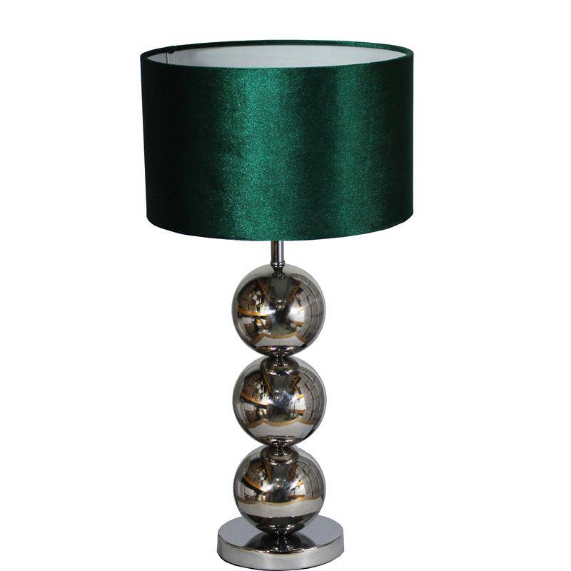 LAMPA STOŁOWA  Z TRZECH CHROMOWYCH KUL CAŁA  W KOLORZE SREBRNYM Z WELUROWYM ABAŻUREM W KOLORZE CIEMNO ZIELONYM
